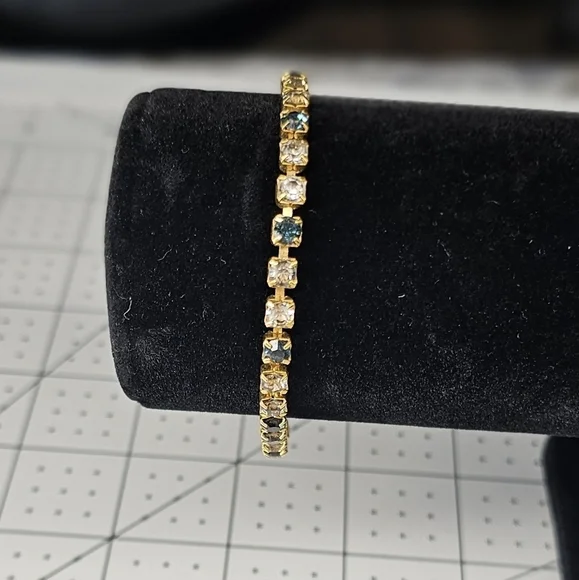 Vintage 90s Navy/Clear Rhinestones Gold Bracelet - Picture 1 of 7